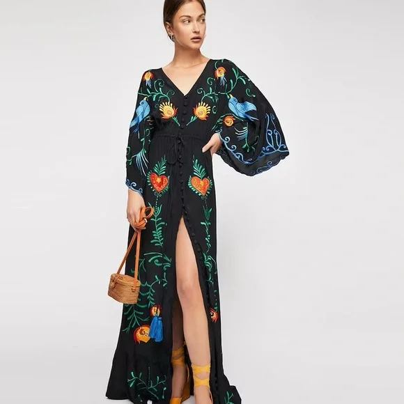 Maxi Floral Bohemian Embroidered Dress - Picture 1 of 4